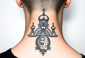 medium sized Russian orthodox church with bulb domes with a prominent russian orthodox mosaic jesus tattoo idea