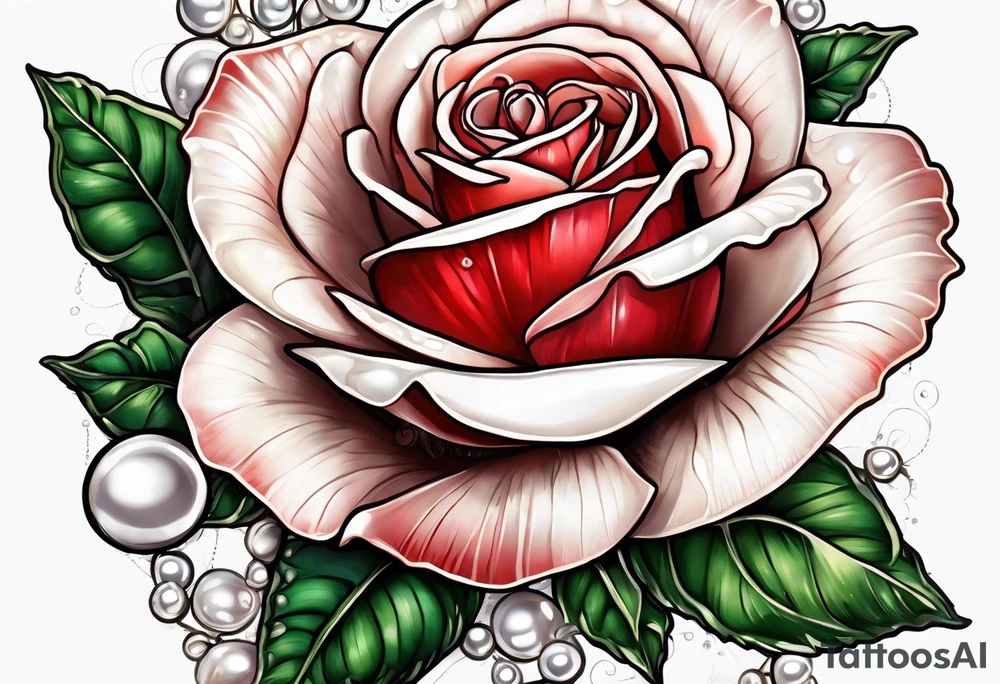 Red rose with seashell and pearls tattoo idea