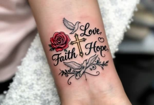 Elegant cursive script reading "Love, Faith, Hope" wrapped around a red rose, a white dove, and a glowing gold cross. tattoo idea