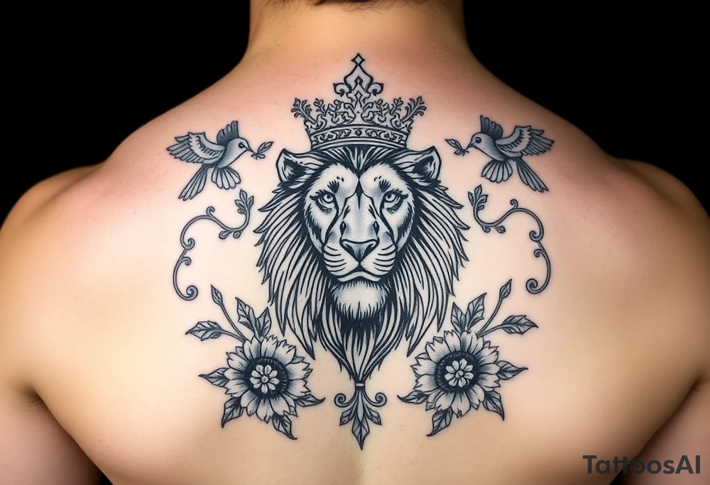 powerful majestic lion with a crown, surrounded by floral ornaments and birds tattoo idea