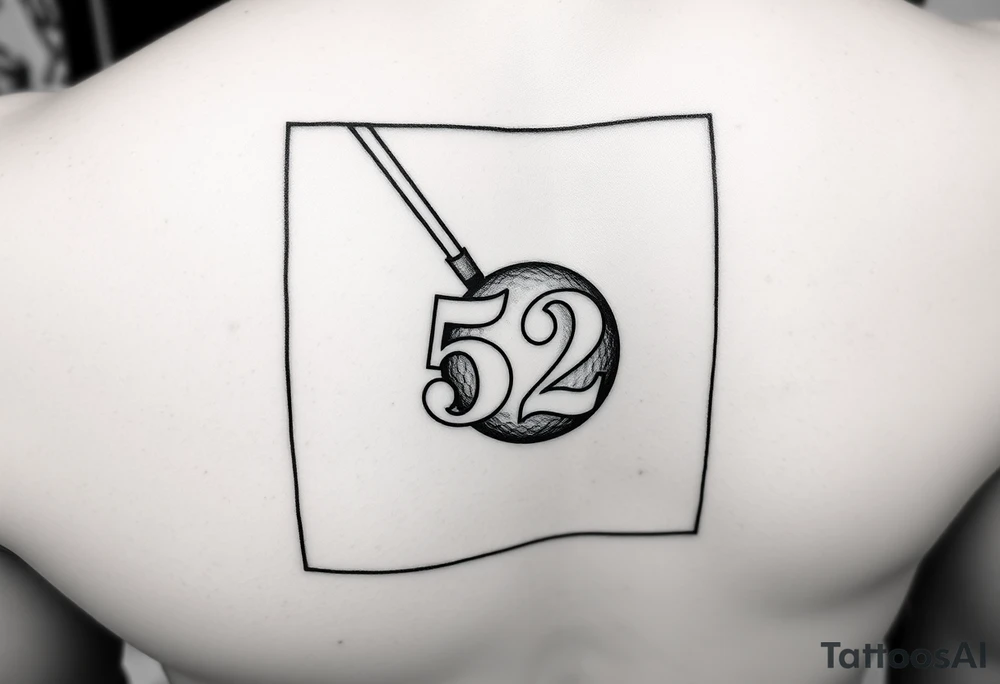 A realistic golf club centered inside a minimalist frame (should be rectangular). Inside the frame, integrate the number 52 in a balanced way, either beneath or overlaying the golf club. Black tattoo style, suitable for thigh tattoo. clean lines, not that detailed - simple of nature. tattoo idea
