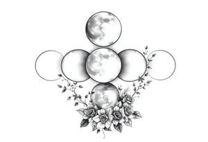 Each phase of the moon going down the spine there’s vines roses and different flowers down the side of each moon going down the spine tattoo idea