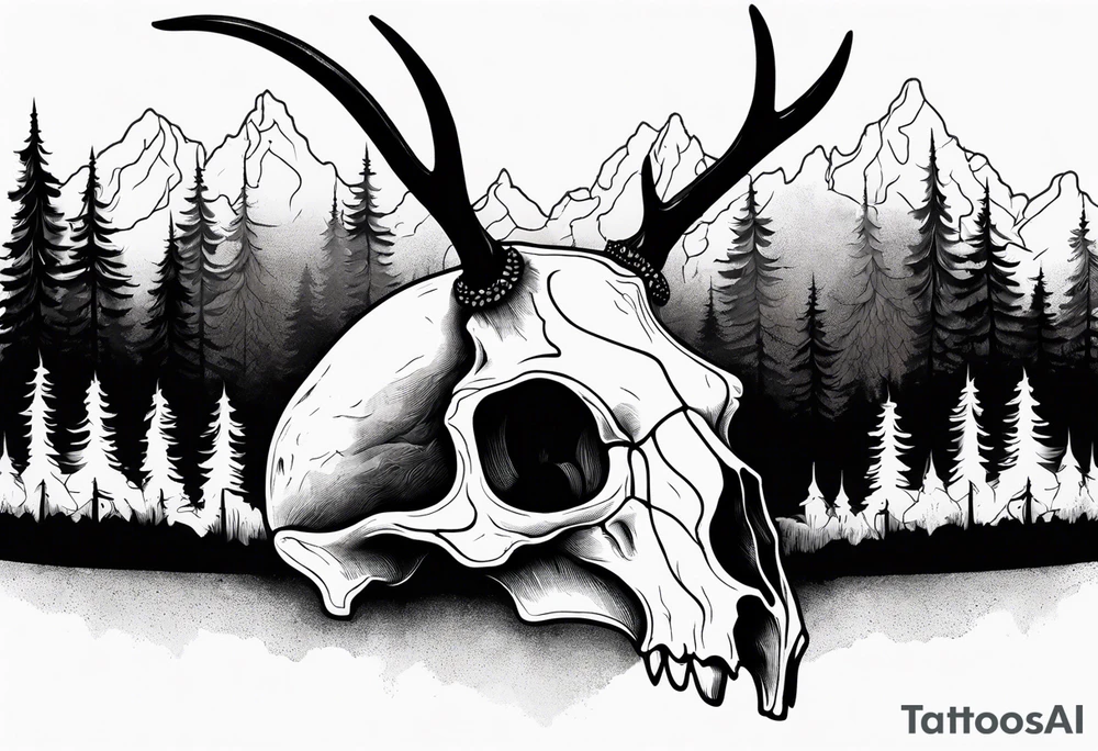 scary side view of a DECAYING deer skull JUST BONE surrounded by a forest fire in background tattoo idea