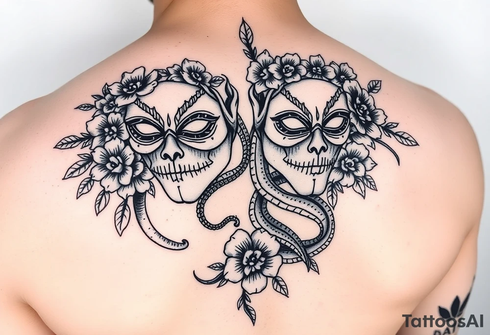 I want a two face masked tattoo with flowers, snakes , vines, jungle like all around On the forearm going down to my hand with cute flowers on it tattoo idea