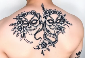 I want a two face masked tattoo with flowers, snakes , vines, jungle like all around On the forearm going down to my hand with cute flowers on it tattoo idea