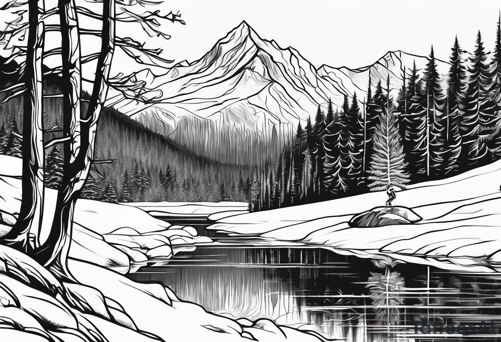 snow skier in distance coming down mountain in distance with trees and mountains and lake at bottom tattoo idea
