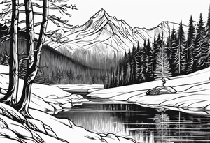 snow skier in distance coming down mountain in distance with trees and mountains and lake at bottom tattoo idea