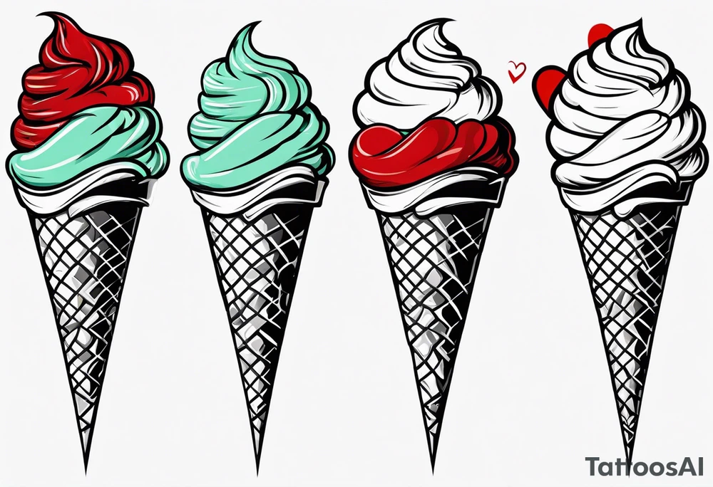 simple mint chocolate chip ice cream cone with small red heart on it somewhere. tattoo idea
