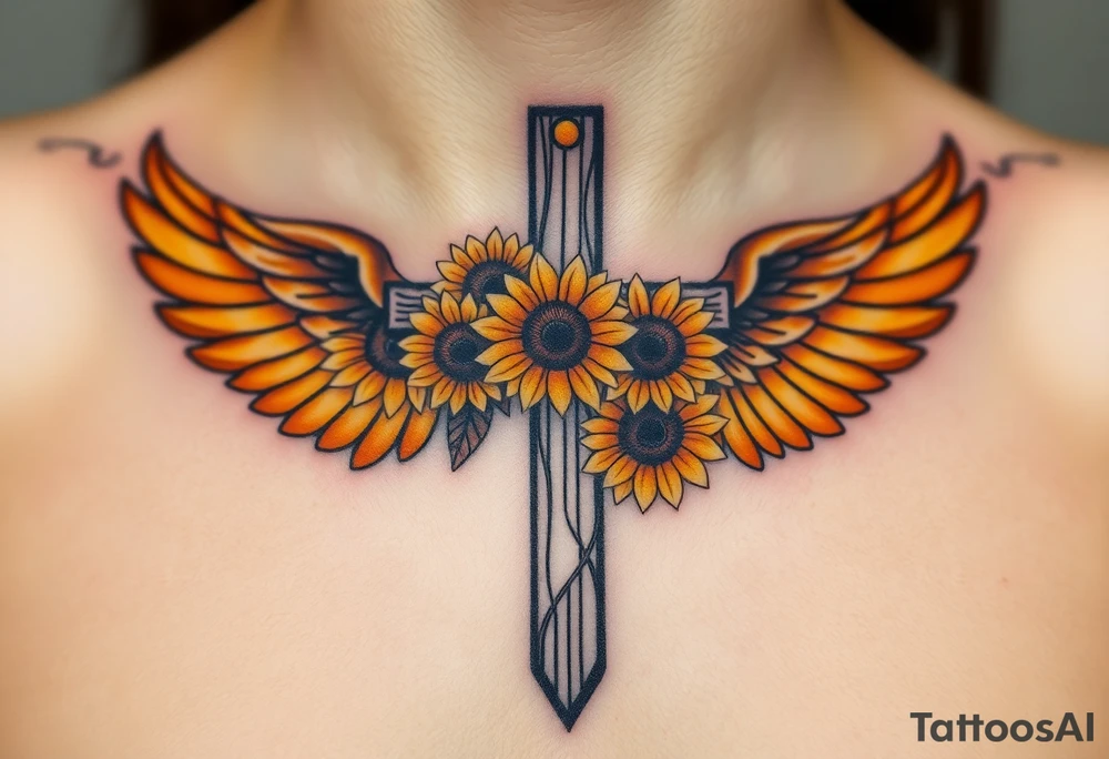 A rustic cross with sunflowers intertwined, with warm yellow and golden-brown angel wings. tattoo idea