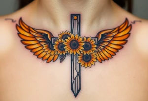A rustic cross with sunflowers intertwined, with warm yellow and golden-brown angel wings. tattoo idea