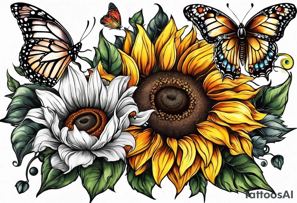 Arm sleeve with sunflowers and butterflies tattoo idea
