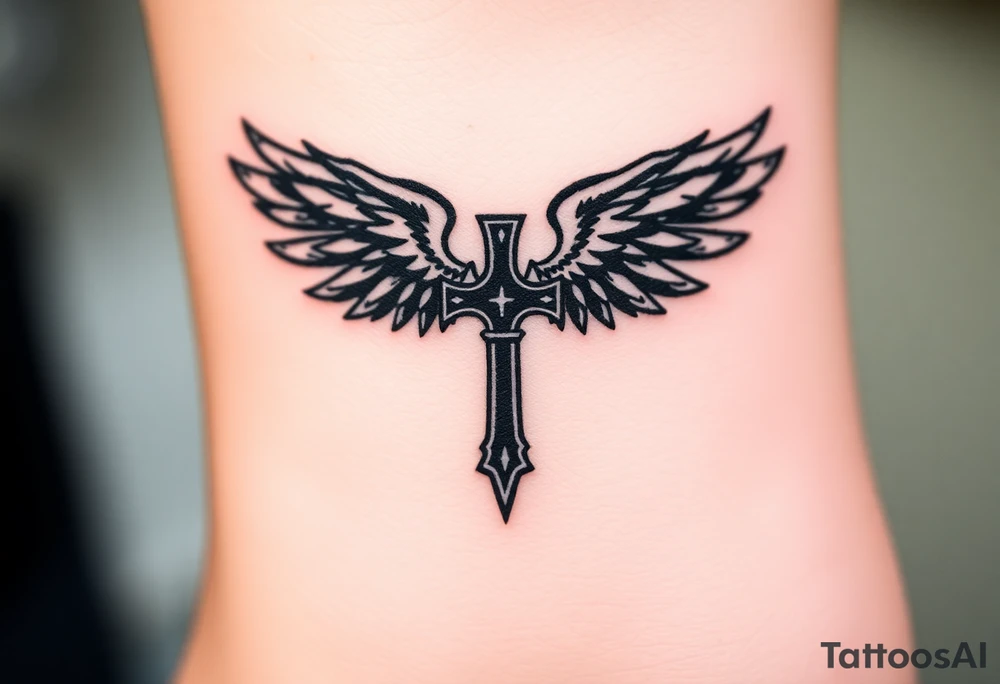 A gothic-style Templar cross with black raven wings, blending themes of mystery and honor. tattoo idea