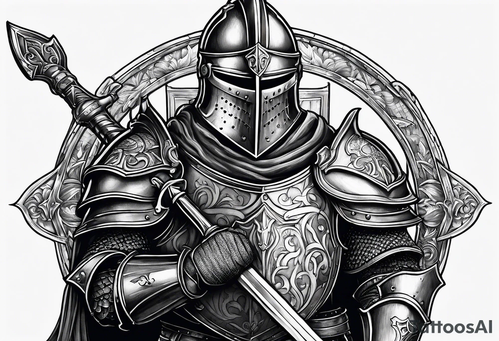 knight with heavy armor  and castle tattoo idea