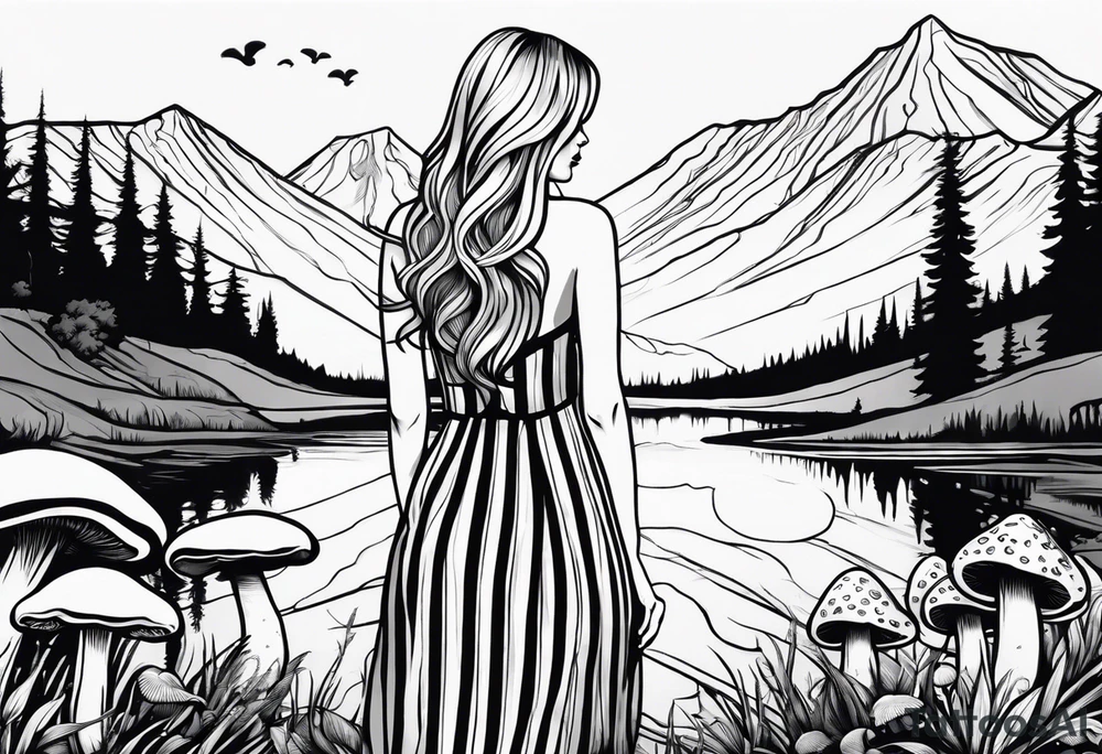 Straight long blonde hair girl in distance holding mushrooms in hand facing away toward mountains and creek surrounded by mushrooms black and white striped dress tattoo idea