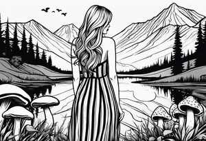 Straight long blonde hair girl in distance holding mushrooms in hand facing away toward mountains and creek surrounded by mushrooms black and white striped dress tattoo idea
