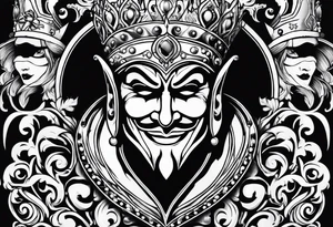 Court jester preparing for murder
Multiple mask tattoo idea