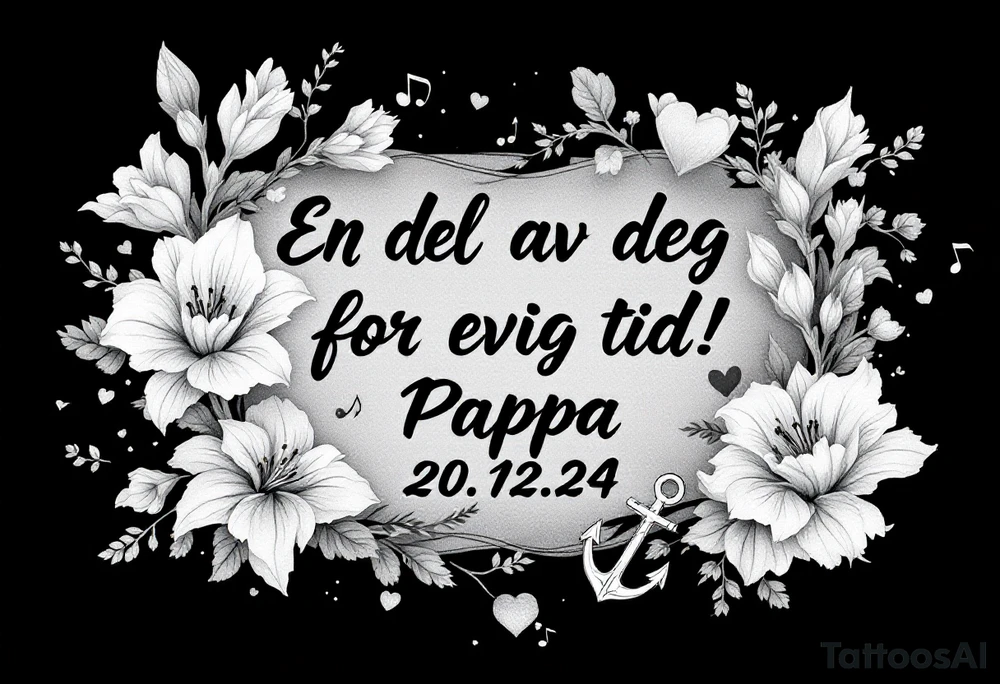 make a quote that says "En del av deg for evig tid! Pappa 20.12.24" Surrounded by gladiolus, music notes, hearts and an anchor tattoo idea