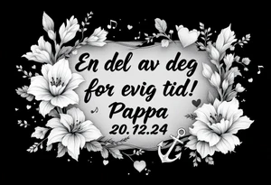 make a quote that says "En del av deg for evig tid! Pappa 20.12.24" Surrounded by gladiolus, music notes, hearts and an anchor tattoo idea