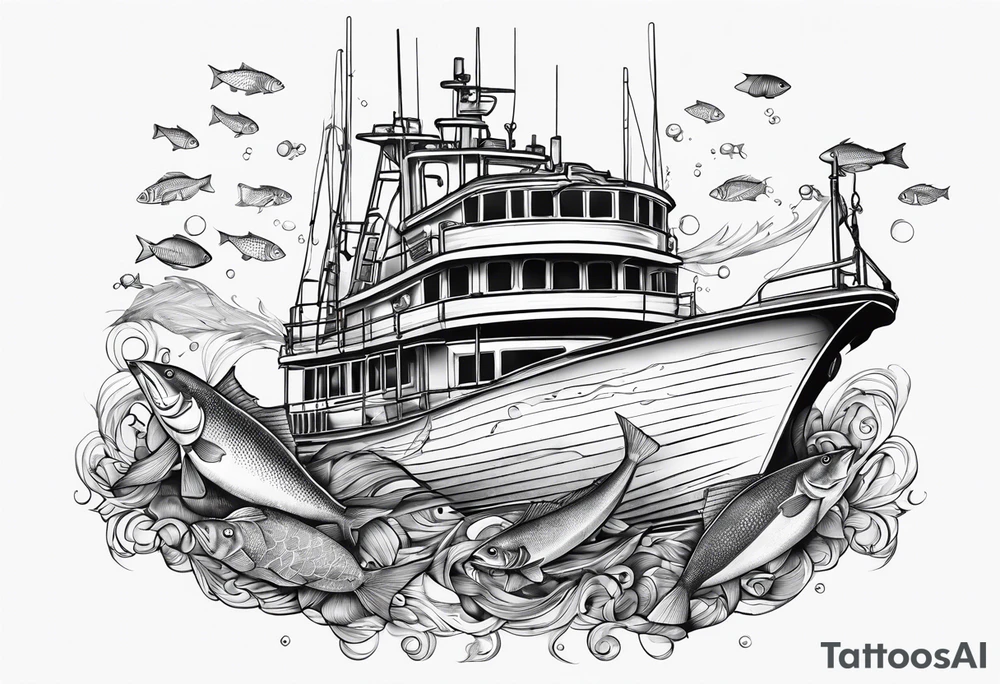 Big fishing boat and fish tattoo idea