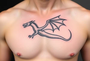 Dragon flying with outstretched wings, facing forward, with a long and slender body, the head slightly higher than the wings, and the tail curling out to one side tattoo idea