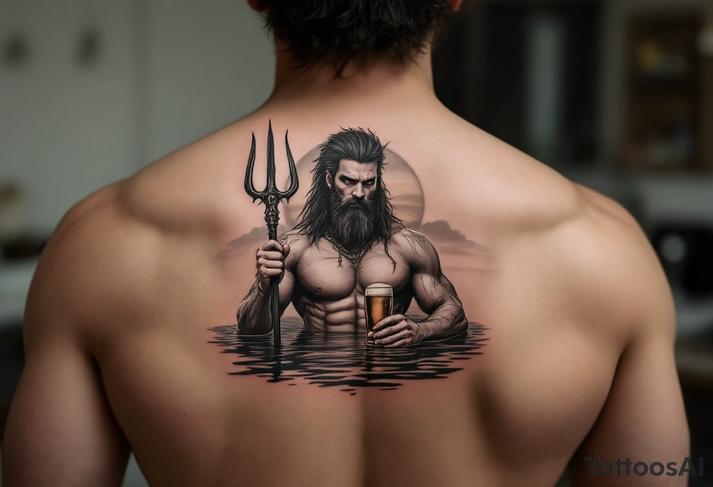 young, fit poseidon in calm water, behind a trident, holding a beer, with sunset tattoo idea