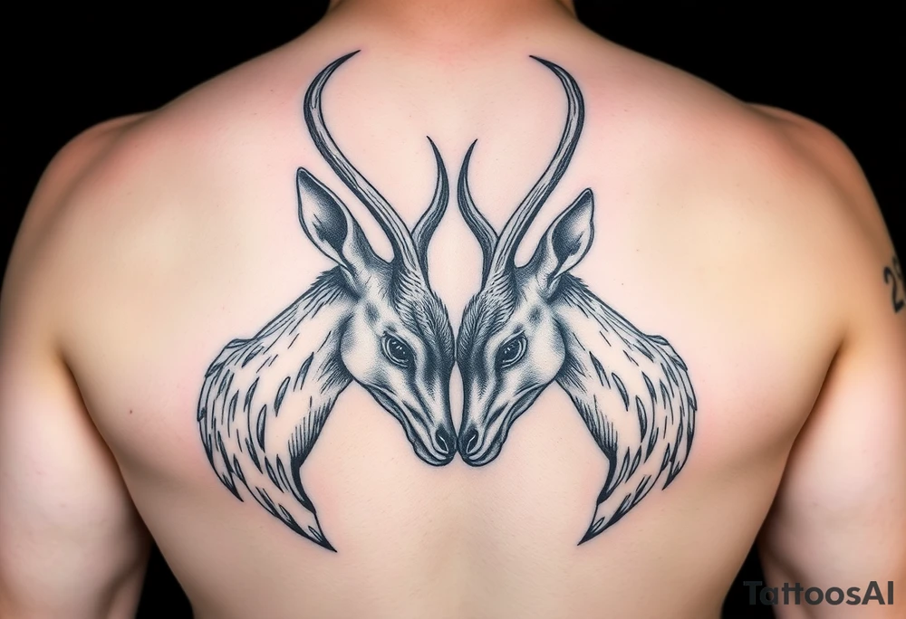Entire Full body showing in the tattoo of the Two deer with their heads down hitting horns to show dominance. tattoo idea