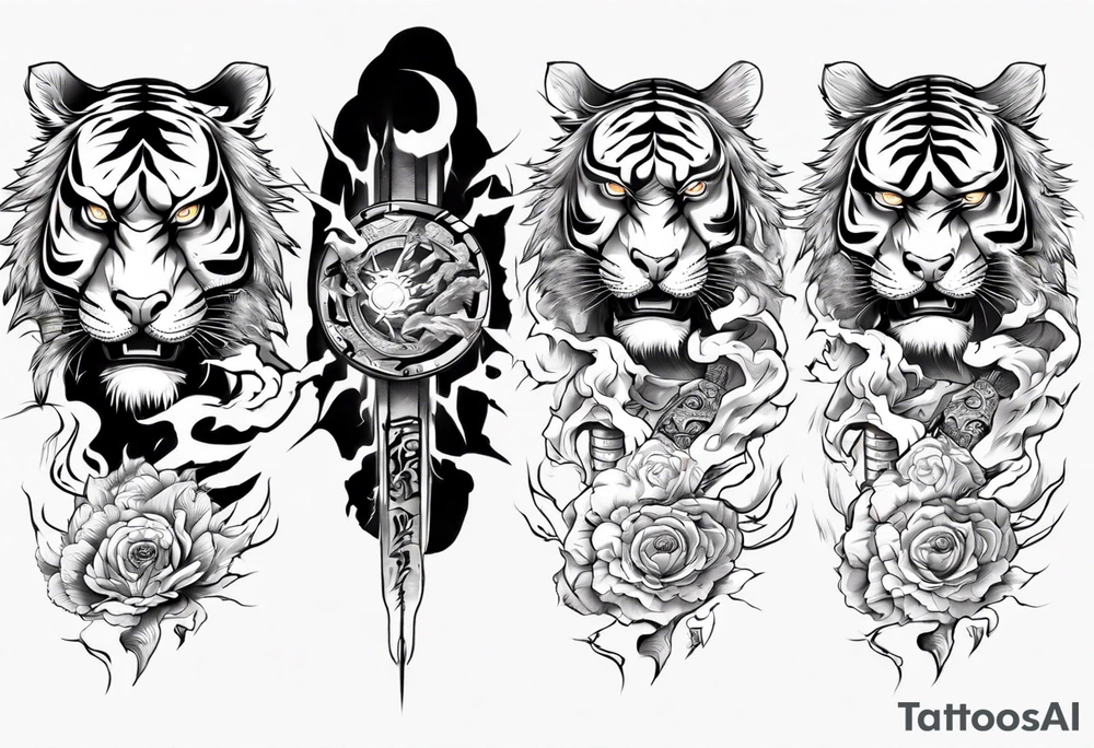 tiger warrior with lightning and the sun for a forearm sleeve tattoo idea