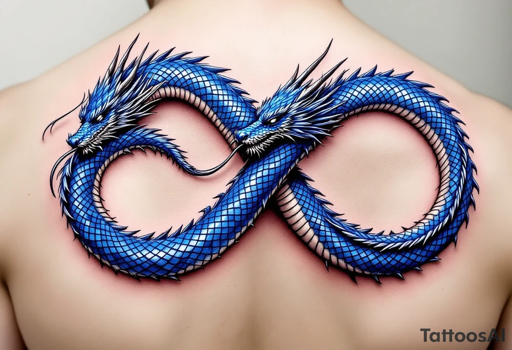 The design features a dragon, coiled in the shape of the infinity symbol (sideways number "8"). The dragon is depicted eating its own tail, symbolizing eternity and continuity, inspired by the Ouroboros.

Details:

The dragon's body has vibrant, glossy blue scales, with a smooth and polished texture.
It maintains a clean, balanced shape in the infinity figure, with sharp details and elegant flow.
Style:

The focus remains on the dragon's form, with no additional background elements to keep the design minimal and modern. tattoo idea