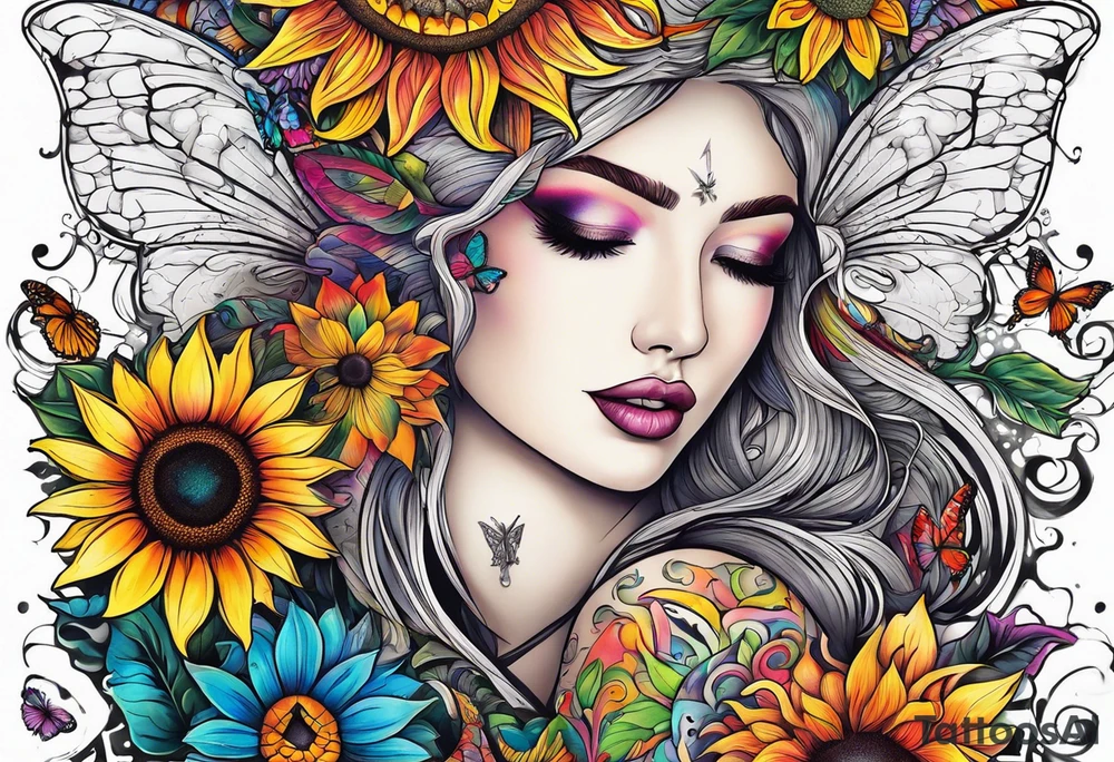 arm sleeve with winged cross, rainbow sunflowers and butterflies tattoo idea