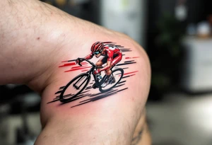 A hyper-realistic cyclist in mid-sprint, with motion blur effects and red and black racing stripes, symbolizing speed and determination. tattoo idea