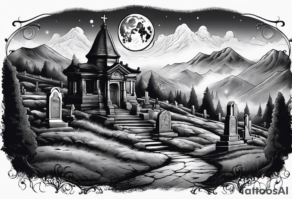 Cemetery on hills with smoke and moon tattoo idea