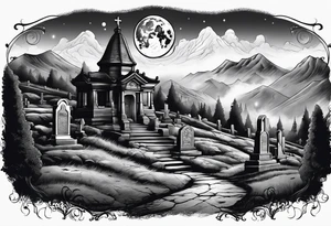 Cemetery on hills with smoke and moon tattoo idea