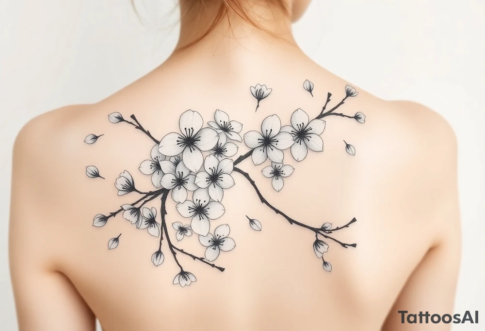 delicate cherry blossoms swirling in spring breeze with petals tattoo idea