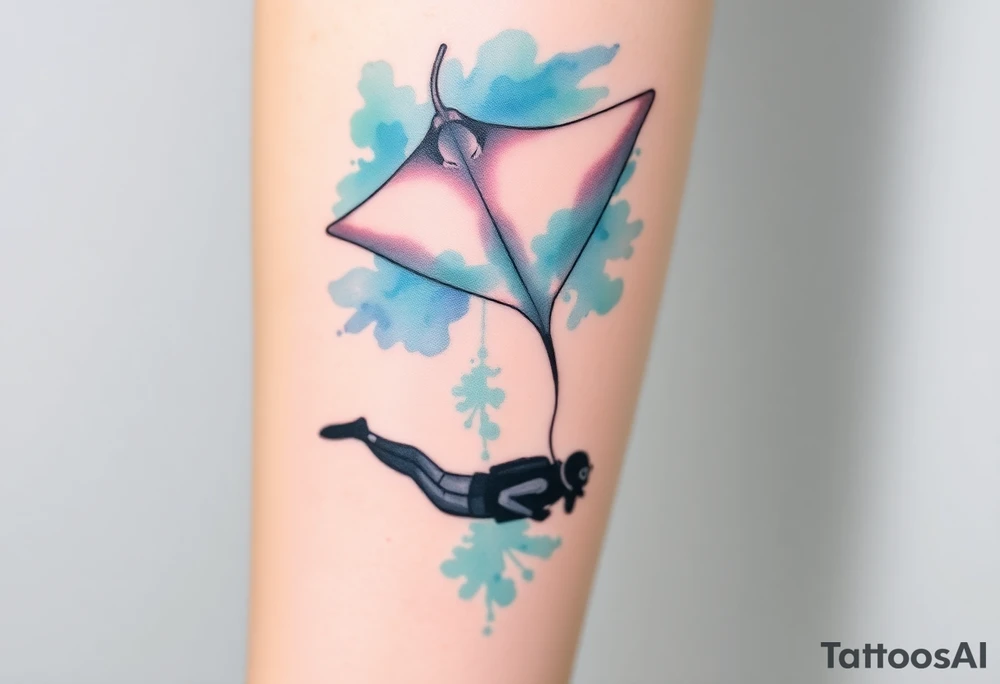 Manta ray silhouette above, scuba diver underneath, water backround tattoo idea