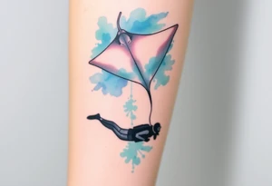 Manta ray silhouette above, scuba diver underneath, water backround tattoo idea