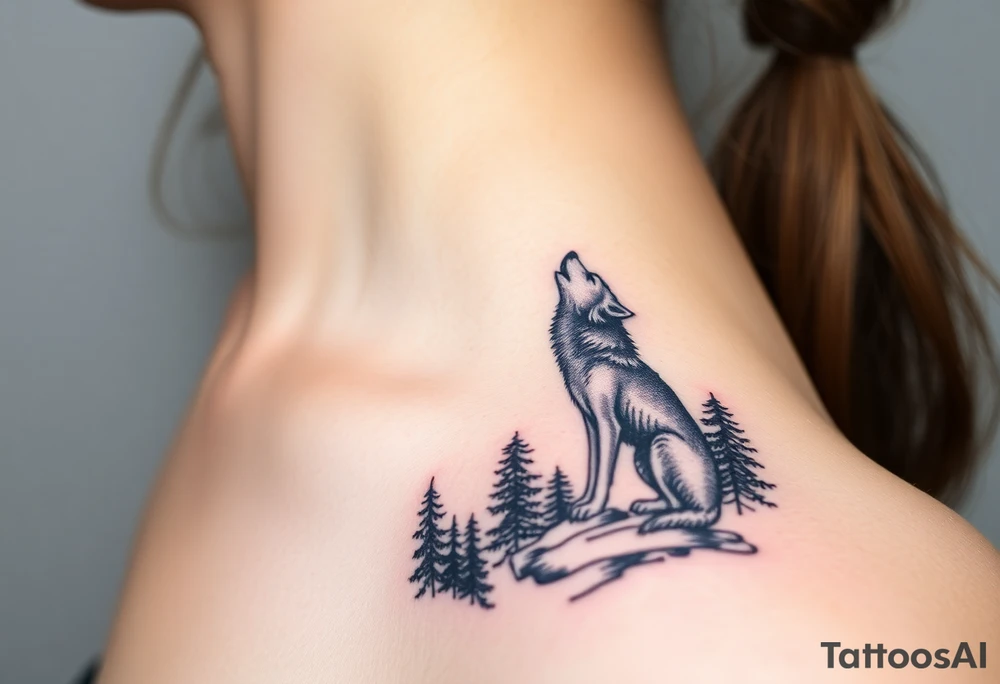 Lone wolf howling at the moon in the forest in the night Columba star tattoo idea