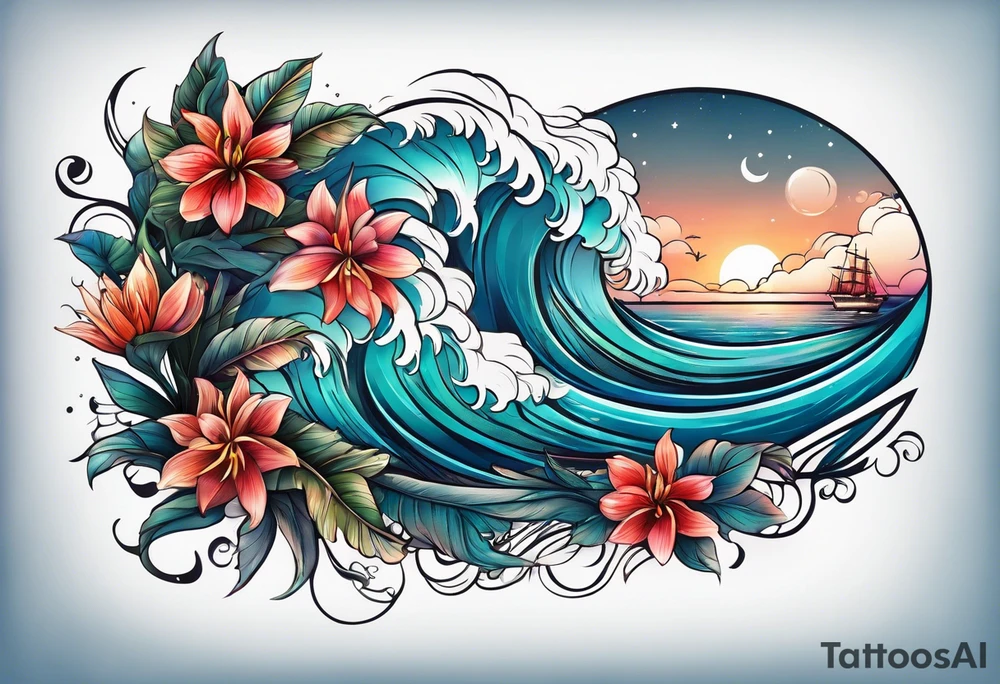 sea,, night, flower, palm, tattoo idea