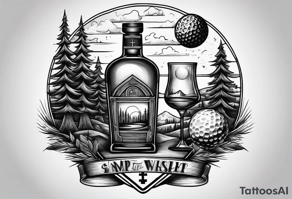 cross with whiskey glass, golf club, camp fire and cabin in the quandrants tattoo idea