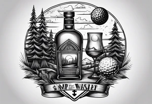 cross with whiskey glass, golf club, camp fire and cabin in the quandrants tattoo idea