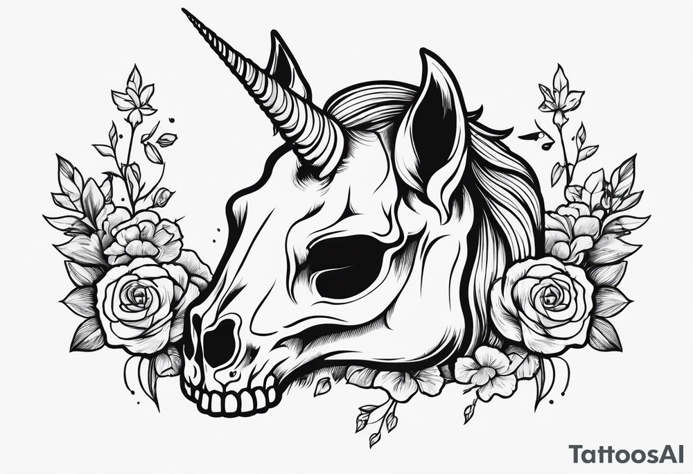 Unicorn skull – A dark twist with a skull and horn. tattoo idea