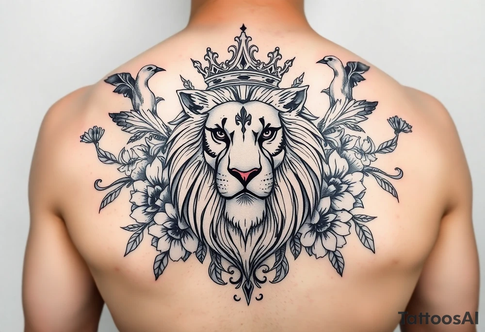 powerful majestic lion with a crown, surrounded by floral ornaments and birds tattoo idea