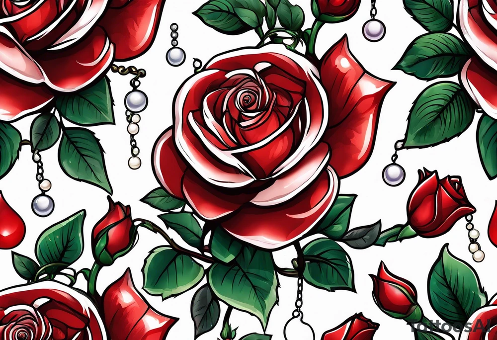 Red rose with a pearl necklace dangling tattoo idea