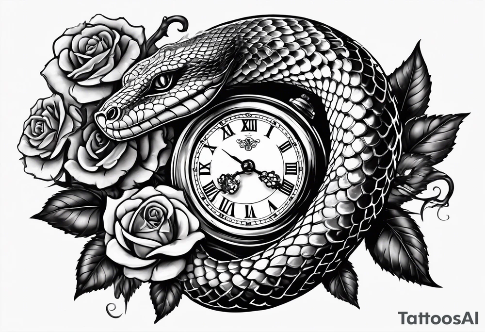 Powerful King cobra wrapped around an old broken watch clock with dead roses all around in the background tattoo idea