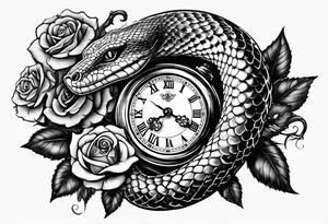 Powerful King cobra wrapped around an old broken watch clock with dead roses all around in the background tattoo idea