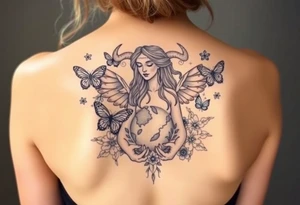 Taurus goddess with earth in her hands and butterflies and flowers all around her tattoo idea