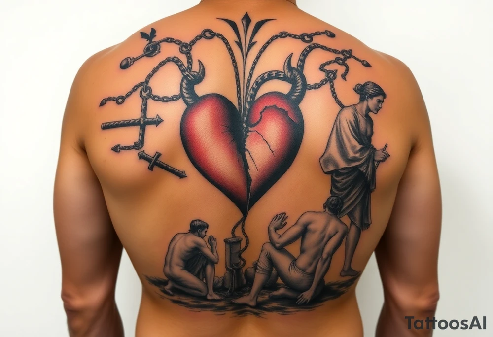 Design a full back tattoo that represents the struggles of betrayal, financial loss, relationship breakup, loss of job, loss of self, and death of a loved one, inspired by Greek mythology and art. The tattoo should be reminiscent of a Greek painting, particularly illustrating the trials of Hercules. Each struggle should be depicted as a symbolic labor, with each one portrayed as a scene on the back. For example:

Betrayal: A scene of a broken, jagged heart surrounded by shadows, with a figure turned away in mistrust.
Financial Loss: A treasure chest overturned, with coins spilling out, and a figure kneeling in despair.
Relationship Breakup: Two intertwined figures tearing apart, with one side showing broken chains or a shattered heart.
Loss of Job: A man in tattered clothing, walking away from a ruined, burning building.
Loss of Self: A figure looking at their shattered reflection in a broken mirror, symbolizing identity lost.
Death of a Loved One: A scene of a person in mourning, standing by a grave, with a winged figure representing the spirit of the deceased.
Ensure the design has an ancient, classical Greek aesthetic, with detailed lines, natural poses, and a narrative flow, similar to the style of ancient Greek pottery or frescoes." tattoo idea