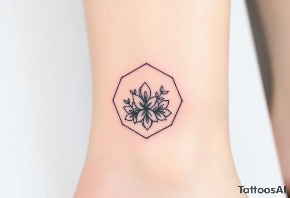 Faint Hexagon with Leo, larkspur and water lilies in the center tattoo idea