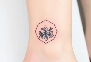 Faint Hexagon with Leo, larkspur and water lilies in the center tattoo idea