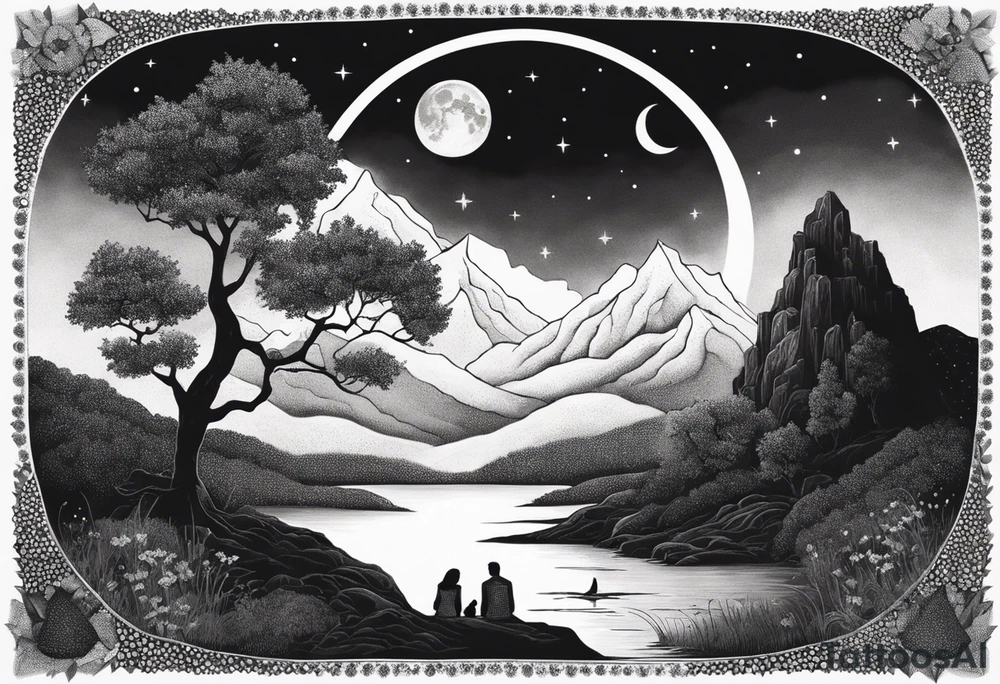 a family of three sitting in a nature with mountains, waterfall, water, and a cross in the background and and moon in the sky with stars tattoo idea