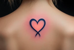 A navy blue infinity figure embracing a glowing coral pink heart at the top located on the back of the head tattoo idea